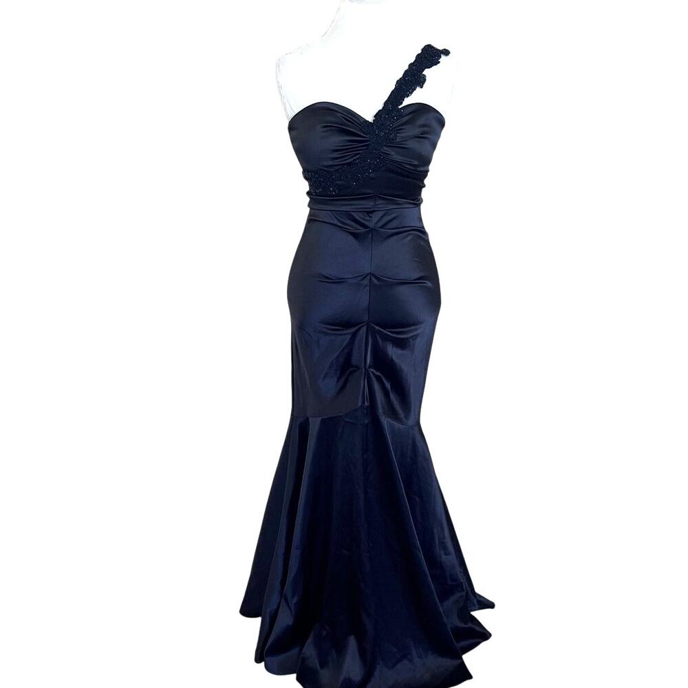 Cache Y2K Vintage Mermaid Maxi Dress 10 Black Satin Beaded Gala Formal Wedding